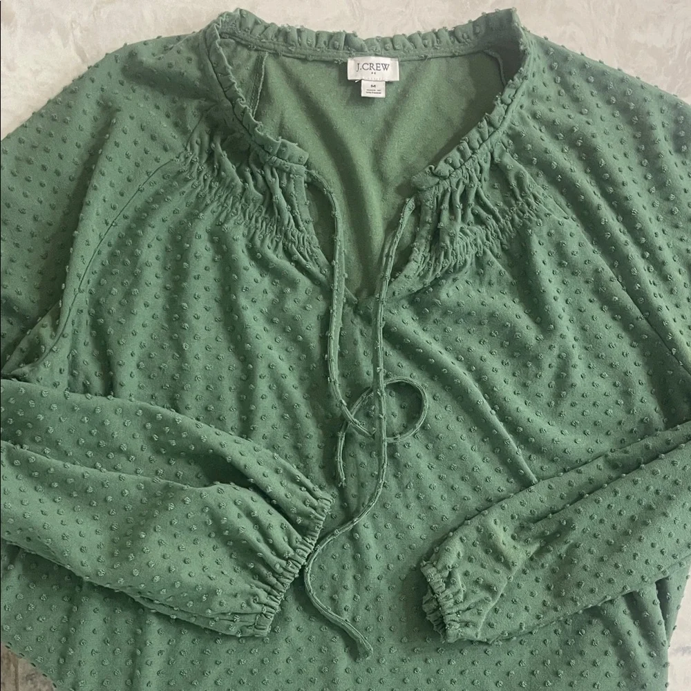 J Crew Clip-dot smocked-neck long sleeve V neck green top blouse size M - Picture 2 of 11